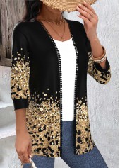Black tops,Leopard tops,ROTITA Patchwork Leopard Black Round Neck 3/4 Sleeve Light Cardigan