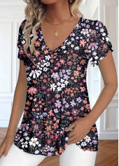 Navy tops,Floral tops,Plants tops,ROTITA Ruched Floral Print Navy V Neck T Shirt