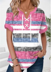 ROTITA Patchwork Striped Pink Split Neck Short Sleeve T Shirt