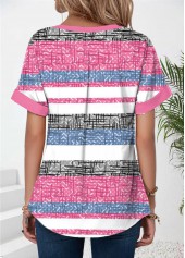 Pink tops,Striped tops,Geometric tops,ROTITA Patchwork Striped Pink Split Neck Short Sleeve T Shirt