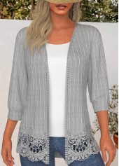 Light Grey Marl tops,Plain Color tops,ROTITA Lace 3/4 Sleeve Light Cardigan
