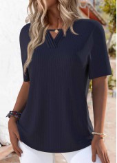 Navy tops,Plain Color tops,ROTITA Tuck Stitch Navy Round Neck Short Sleeve T Shirt