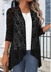 Black tops,Plain Color tops,ROTITA Lace Black 3/4 Sleeve Light Cardigan