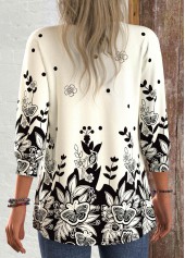 Black tops,Floral tops,Plants tops,Animal Print tops,ROTITA Patchwork Floral Print Black 3/4 Sleeve Light Cardigan