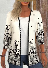 Black tops,Floral tops,Plants tops,Animal Print tops,ROTITA Patchwork Floral Print Black 3/4 Sleeve Light Cardigan