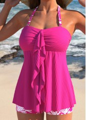 Hot Pink swimwear,Plants swimwear,ROTITA Ruffle Hot Pink Tropical Plants Print Tankini Set