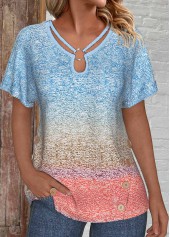 Blue tops,Ombre tops,ROTITA Patchwork Ombre Blue Lace Up Collar T Shirt
