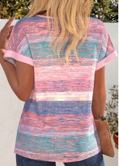 Pink tops,Striped tops,Geometric tops,ROTITA Patchwork Striped Pink Round Neck Short Sleeve T Shirt