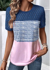 Peacock Blue tops,Pink tops,Striped tops,Geometric tops,ROTITA Lace Striped Peacock Blue Round Neck T Shirt