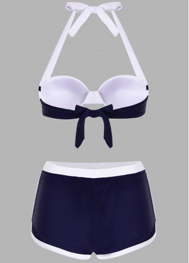 Contrast Color swimwear,Knot Detail Halter Contrast Bikini Set