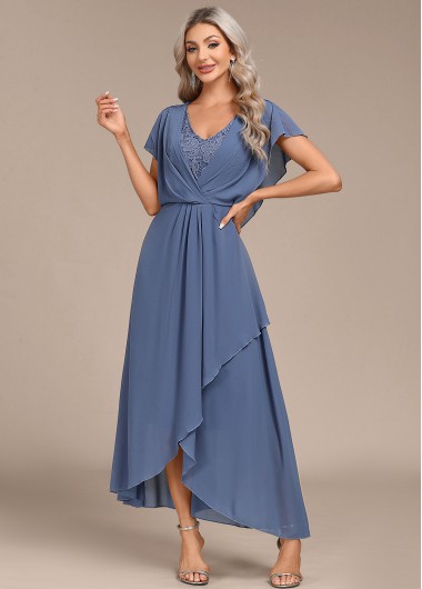 Dusty Blue dresses,Plain Color dresses,Party dresses,Elegant dresses,ROTITA Lace Dusty Blue V Neck Maxi Dress