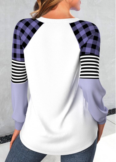 Light Purple tops,White tops,Christmas tops,Plaid tops,Striped tops,Geometric tops,ROTITA Patchwork Snowman Print Light Purple Round Neck T Shirt