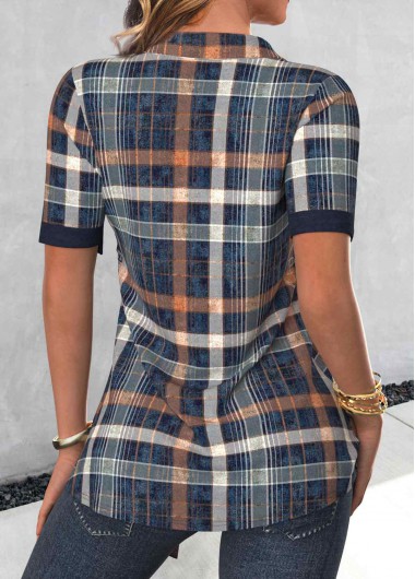 Navy tops,Plaid tops,Striped tops,Geometric tops,ROTITA Fake 2in1 Plaid Navy Short Sleeve Shirt