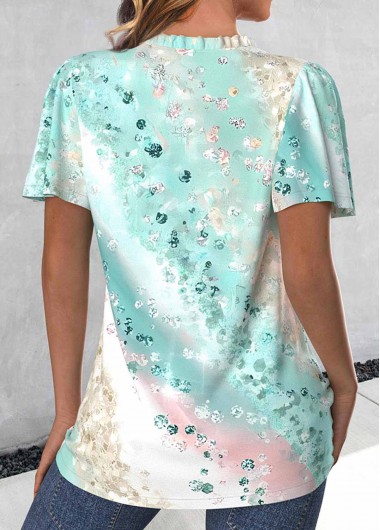 Mint Green tops,Ombre tops,ROTITA Ruched Ombre Mint Green V Neck Short Sleeve Blouse