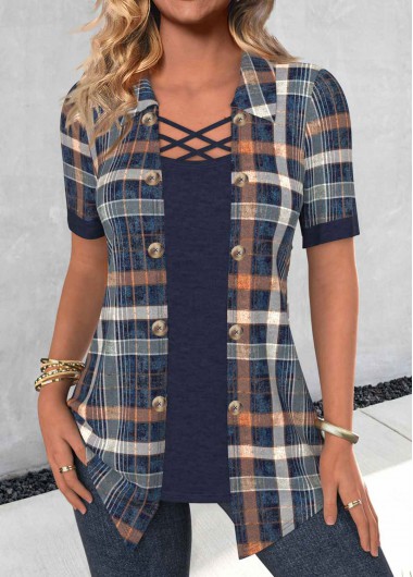 Navy plus size,Plaid plus size,Striped plus size,Geometric plus size,ROTITA Plus Size Fake 2in1 Navy Plaid Shirt Collar Blouse