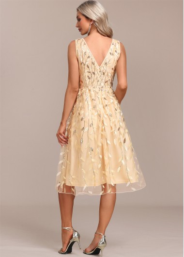 Champagne dresses,Plain Color dresses,Party dresses,Elegant dresses,ROTITA Embroidery Champagne V Neck Sleeveless Dress