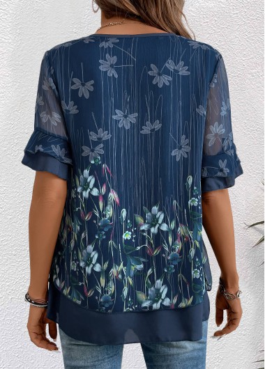 Navy tops,Floral tops,Plants tops,ROTITA Layered Floral Print Navy V Neck Short Sleeve Blouse