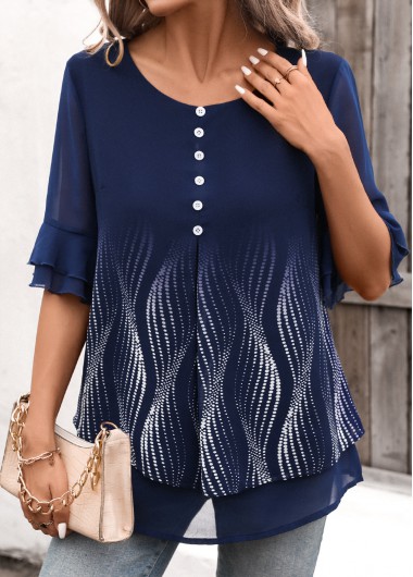 Navy tops,Ombre tops,ROTITA Layered Ombre Navy Round Neck Half Sleeve Blouse