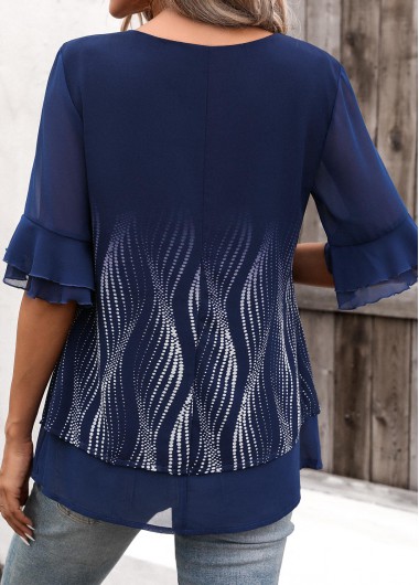 Navy tops,Ombre tops,ROTITA Layered Ombre Navy Round Neck Half Sleeve Blouse