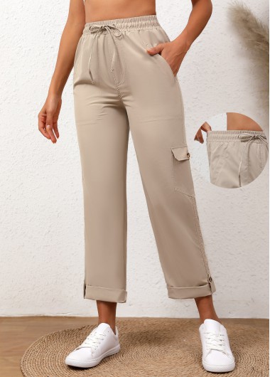 Light Camel bottoms,Plain Color bottoms,Drawstring Light Camel Elastic Waist High Waisted Pants