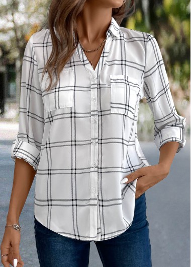 White tops,Plaid tops,Striped tops,Geometric tops,ROTITA Button Plaid White 3/4 Sleeve Shirt