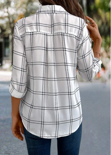 White tops,Plaid tops,Striped tops,Geometric tops,ROTITA Button Plaid White 3/4 Sleeve Shirt