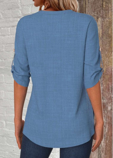 Denim Blue tops,Plain Color tops,ROTITA Button Denim Blue Split Neck 3/4 Sleeve Blouse