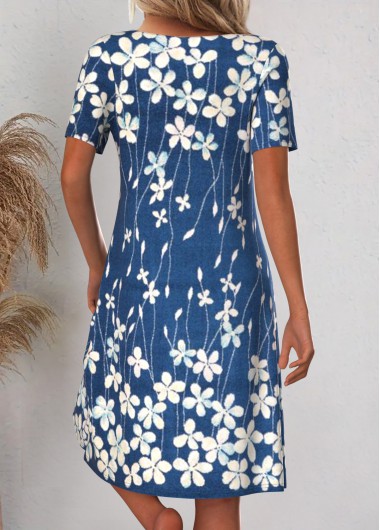 Blue dresses,Floral dresses,Plants dresses,Everyday dresses,Casual dresses,ROTITA Asymmetry Floral Print Blue A Line Asymmetrical Neck Dress