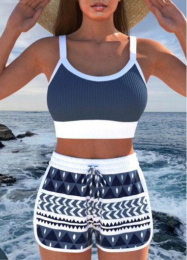 Dark Blue swimwear,Geometric swimwear,Striped swimwear,ROTITA Contrast Binding Dark Blue Geometric Print Bikini Set