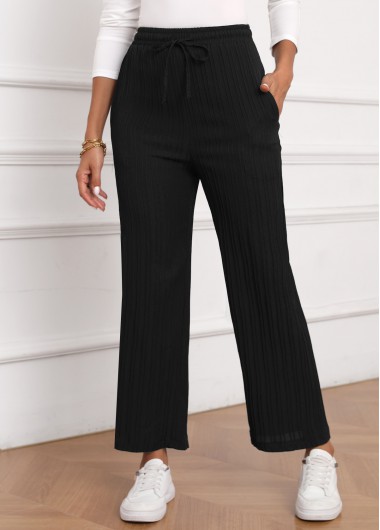 Black bottoms,Plain Color bottoms,Textured Fabric Black Drawastring High Waisted Pants
