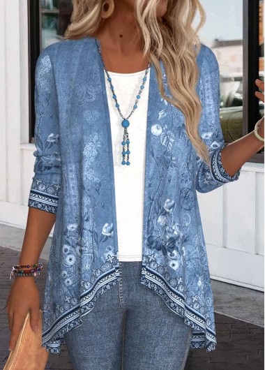 Denim Blue tops,Floral tops,Plants tops,Striped tops,ROTITA Plus Size Ruffle Floral Print Denim Blue Light Cardigan