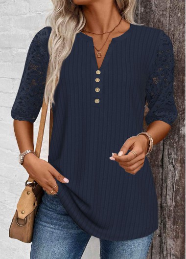 Navy tops,Plain Color tops,ROTITA Lace Navy Split Neck Half Sleeve T Shirt