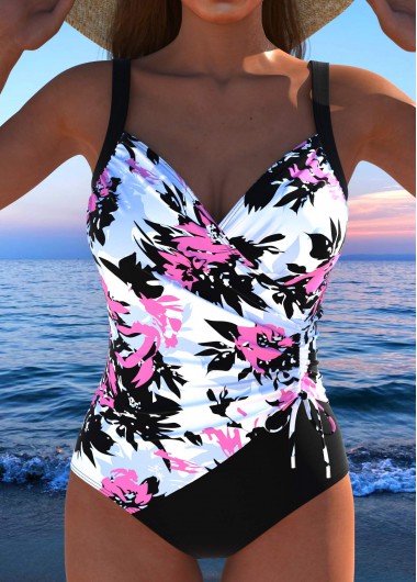 Rotita Drawstring Pink Floral Print One Piece Swimwear - L