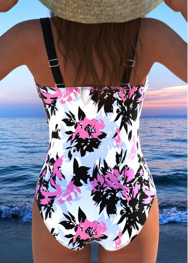 Pink swimwear,Black swimwear,Floral swimwear,Plants swimwear,ROTITA Drawstring Pink Floral Print One Piece Swimwear