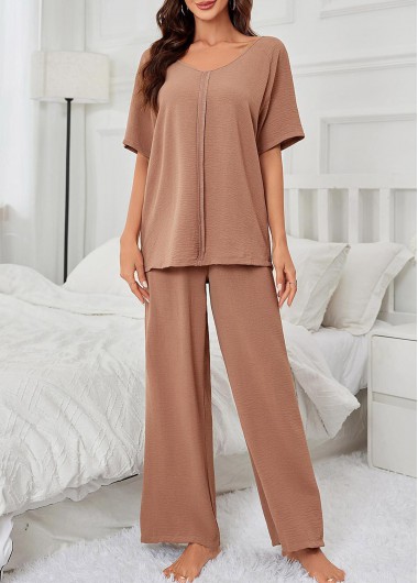 Light Coffee loungewear,Plain Color loungewear,Light Coffee V Neck Lounge Top and Pants