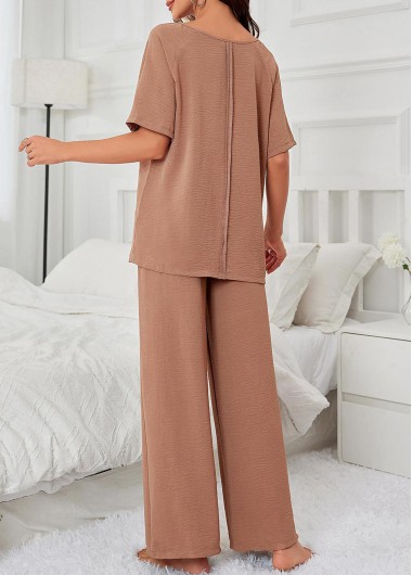 Light Coffee loungewear,Plain Color loungewear,Light Coffee V Neck Lounge Top and Pants