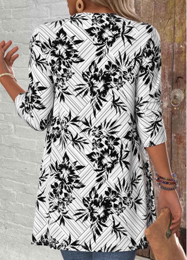 Black tops,Floral tops,Plants tops,Geometric tops,ROTITA Floral Print Black 3/4 Sleeve Light Cardigan