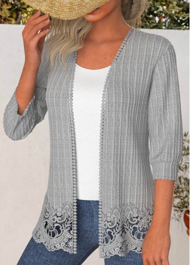 Light Grey Marl tops,Plain Color tops,ROTITA Plus Size Lace 3/4 Sleeve Light Cardigan