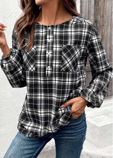 Black tops,Plaid tops,Striped tops,Geometric tops,ROTITA Button Plaid Black Round Neck Long Sleeve Blouse