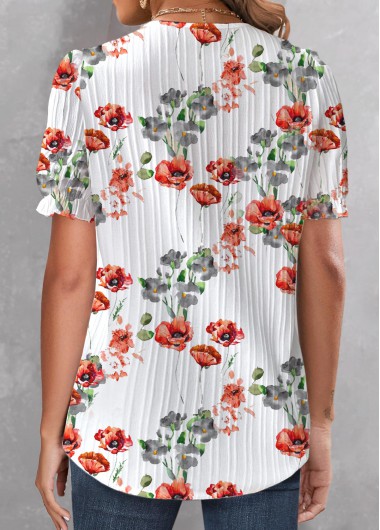 White tops,Floral tops,Plants tops,ROTITA Patchwork Floral Print White V Neck T Shirt