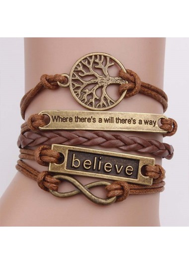 Dark Coffee jewelry,Dark Coffee Letter Design Faux Leather Bracelet