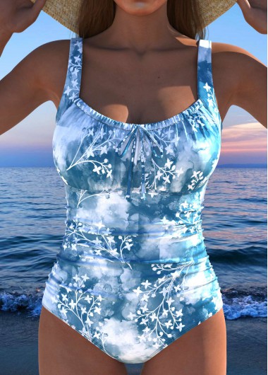 Rotita Bowknot Dusty Blue Floral Print One Piece Swimwear - S