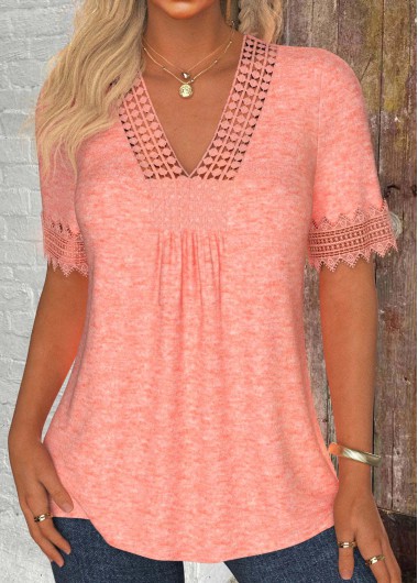 Pink tops,Plain Color tops,ROTITA Patchwork Pink V Neck Short Sleeve T Shirt
