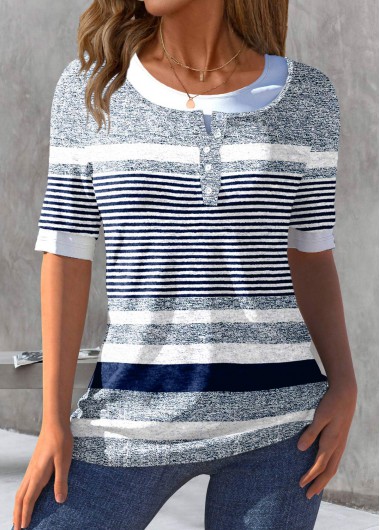 Blue tops,Striped tops,Geometric tops,ROTITA Fake 2in1 Striped Blue Round Neck T Shirt