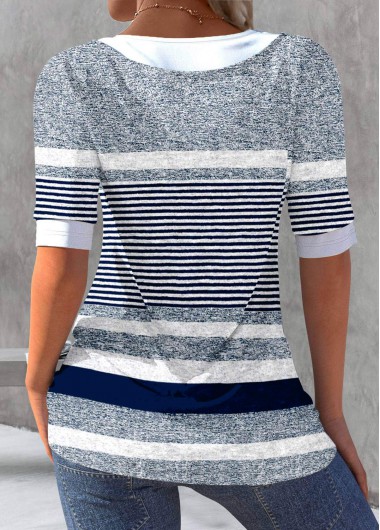 Blue tops,Striped tops,Geometric tops,ROTITA Fake 2in1 Striped Blue Round Neck T Shirt