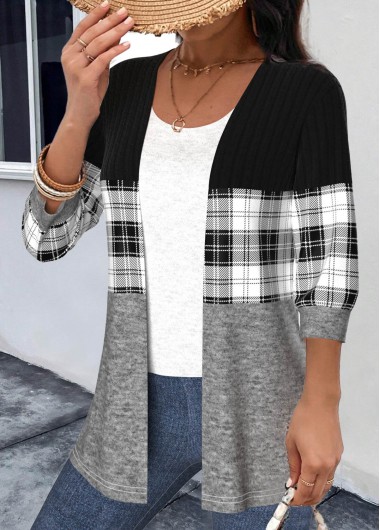 Black tops,Grey tops,Plaid tops,Striped tops,Geometric tops,ROTITA Patchwork Plaid Black Round Neck 3/4 Sleeve Light Cardigan