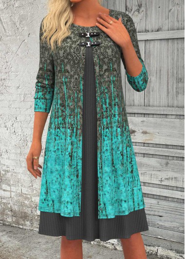 Cyan dresses,Grey dresses,Ombre dresses,Everyday dresses,Casual dresses,ROTITA Patchwork Ombre Cyan A Line Round Neck Dress