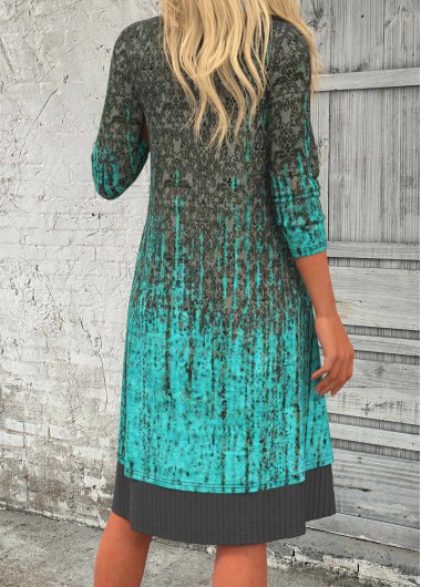 Cyan dresses,Grey dresses,Ombre dresses,Everyday dresses,Casual dresses,ROTITA Patchwork Ombre Cyan A Line Round Neck Dress