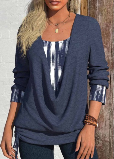 Navy tops,Geometric tops,ROTITA Fake 2in1 Geometric Print Navy Draped Neck T Shirt