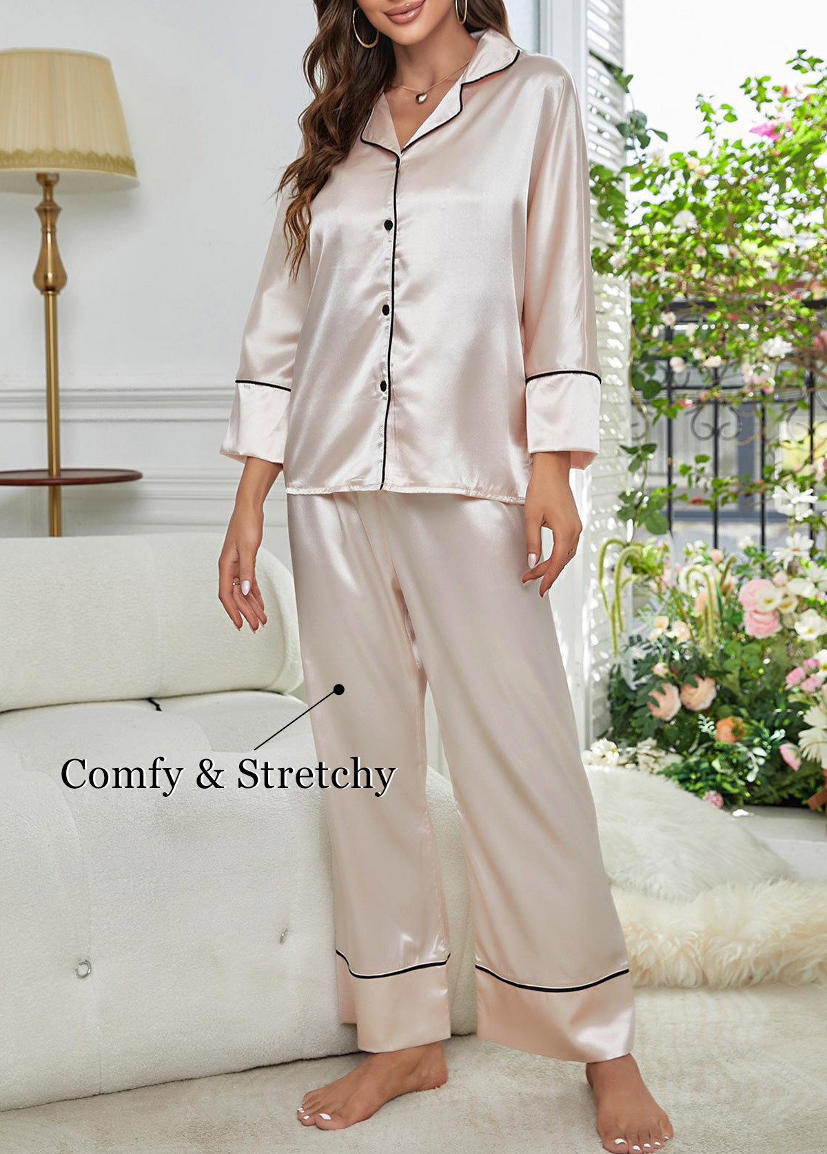 Champagne loungewear,Contrast Color loungewear,Champagne Shirt Collar 3/4 Sleeve Lounge Top and Pants